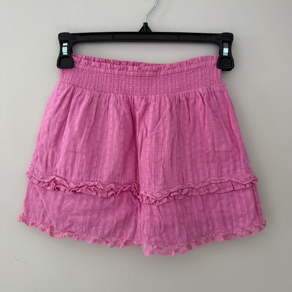 LoveShackFancy Girls Pink Dobby Cotton Smocked Ruffle Lace Mini Skirt 10Y